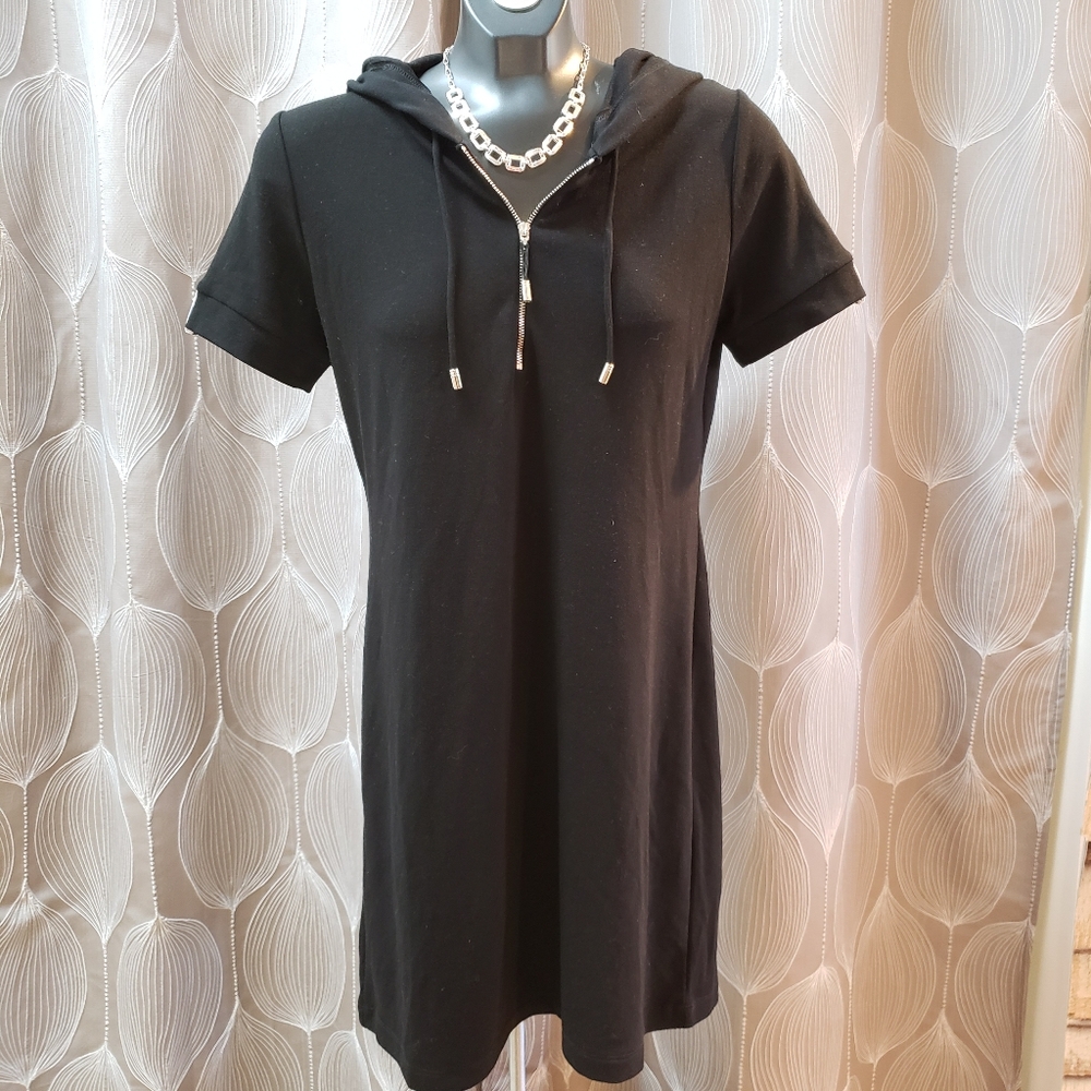 Motion black jersey dress with hood.